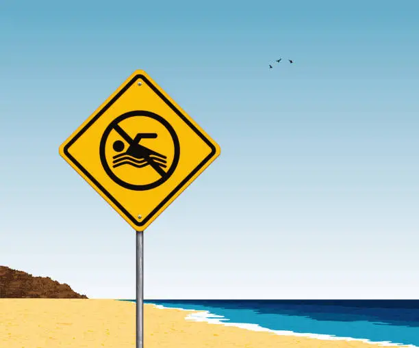 Vector illustration of Yellow do not swim warning sign with beach and sea