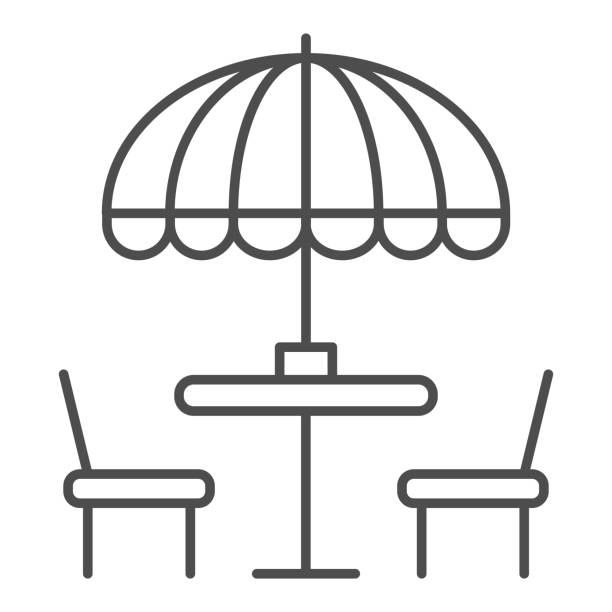 Chairs and table with umbrella thin line icon, Street food concept, Outdoor table with umbrella sign on white background, outside cafe symbol in outline style for mobile and web. Vector graphics. Chairs and table with umbrella thin line icon, Street food concept, Outdoor table with umbrella sign on white background, outside cafe symbol in outline style for mobile and web. Vector graphics lunch clipart stock illustrations