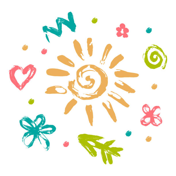illustrations, cliparts, dessins animés et icônes de ensemble de dessins de doigts d’enfants : soleil, fleurs, coeur, foudre, flèche, spirale, points. handmade. - spiral