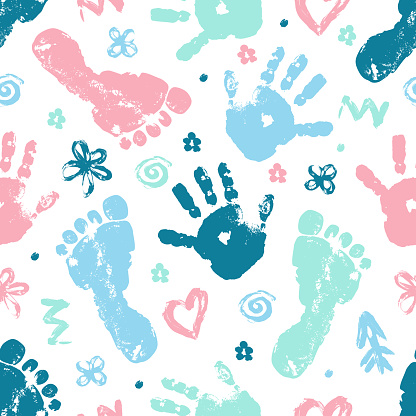 Imprint of baby palm and foot vector seamless pattern. Beautiful set of elements heart, flower, arrow finger drawing seamless texture. Template. Textiles, wrapping paper, wallpaper design.