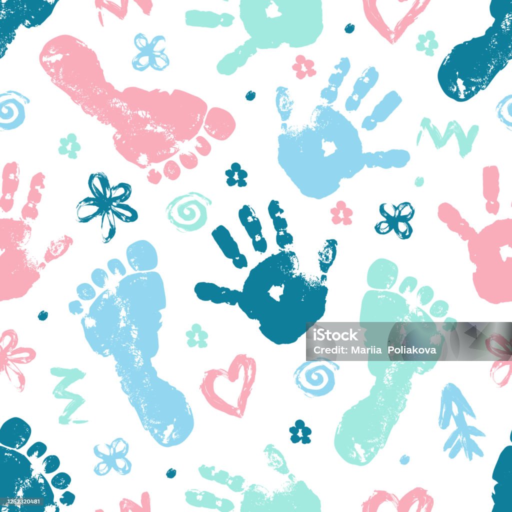 Imprint of baby palm and foot vector seamless pattern. Beautiful set of elements heart, flower, arrow finger drawing seamless texture. Imprint of baby palm and foot vector seamless pattern. Beautiful set of elements heart, flower, arrow finger drawing seamless texture. Template. Textiles, wrapping paper, wallpaper design. Baby - Human Age stock vector