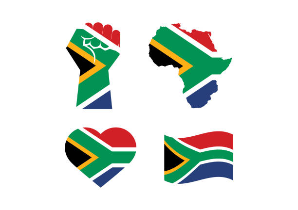 South African Flag in various shape icon set vector Flag of South Africa in the shape of a clenched fist, heart and African continent. Flag of South Africa icon set isolated on a white background south africa flag stock illustrations