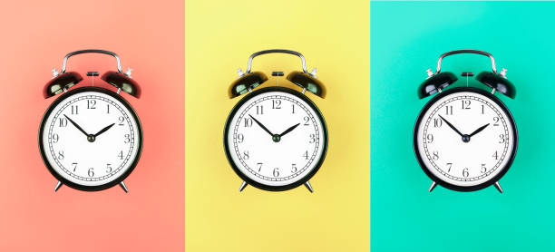 istock Collage of alarm clocks on different backgrounds. Flat lay composition. Top view. 1252324244
