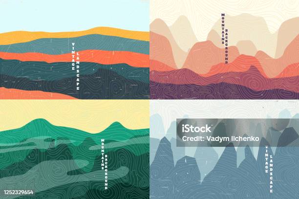 ベクトルイラストの風景夏森谷山頂休暇のコンセプト漫画の抽象化風景シンプルな壁紙ヴィンテージの背景コレクション - 山のベクターアート素材や画像を多数ご用意