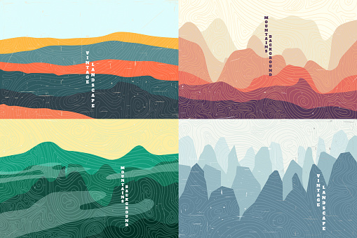 Vector illustration landscape. Summer season. Forest, valley, mountain peak. Vacation concept. Cartoon abstraction. Scenery. Simple wallpapers. Vintage background collection.