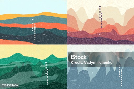 istock Vector illustration landscape. Summer season. Forest, valley, mountain peak. Vacation concept. Cartoon abstraction. Scenery. Simple wallpapers. Vintage background collection. 1252329654