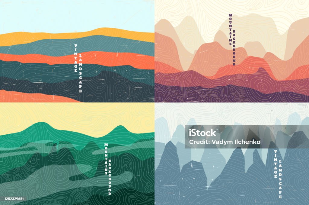 Vector illustration landscape. Summer season. Forest, valley, mountain peak. Vacation concept. Cartoon abstraction. Scenery. Simple wallpapers. Vintage background collection. Pattern stock vector