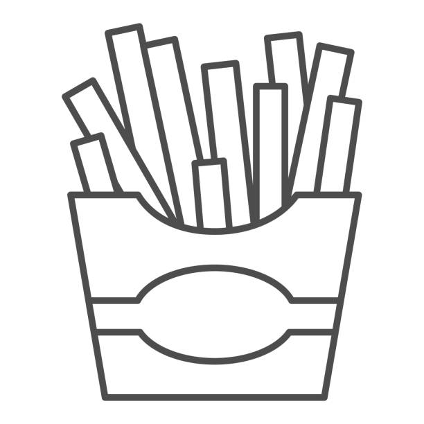 french fries thin line icon, junk food concept, potatoes fries in paper bag sign on white background, fries icon in outline style for mobile concept and web design. 벡터 그래픽. - 프렌치 프라이 stock illustrations