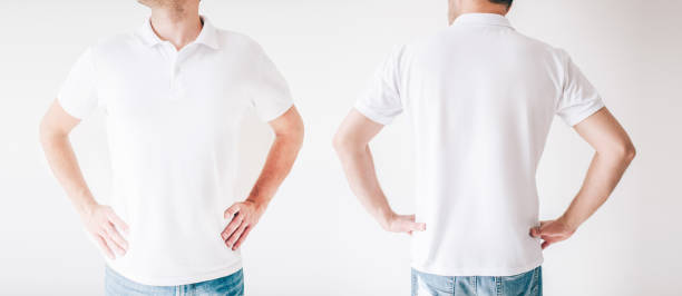 istock Young men isolated over white background. Two pictures combines in one. Front and back view of same male person in white shirt holding hands on hips. 1252331490