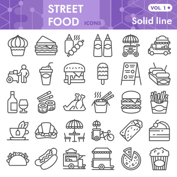 Street food line icon set, lunch symbols collection or sketches. Fast food linear style signs for web and app. Vector graphics isolated on white background. Street food line icon set, lunch symbols collection or sketches. Fast food linear style signs for web and app. Vector graphics isolated on white background food vector stock illustrations