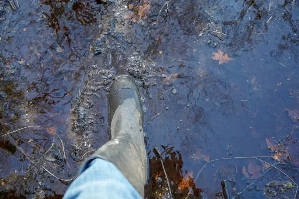 Looking down at welly boots standing in a muddy puddle