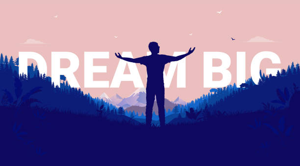 Dream big - Silhouette of man with raised arms looking at the open landscape ready to follow his dreams Aspirational and inspirational concept. Vector illustration. large stock illustrations
