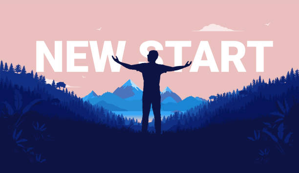 New start - Silhouette of man standing with open arms in landscape with a view to mountains and sea Aspiration, life changes and new beginnings concept. Vector illustration. change silhouettes stock illustrations
