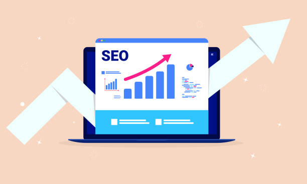 SEO optimisation - Laptop computer with search engine performance tools, rising graph and big arrow pointing upwards. Performance marketing, analytics and search engine ranking concept. Vector. search engine stock illustrations