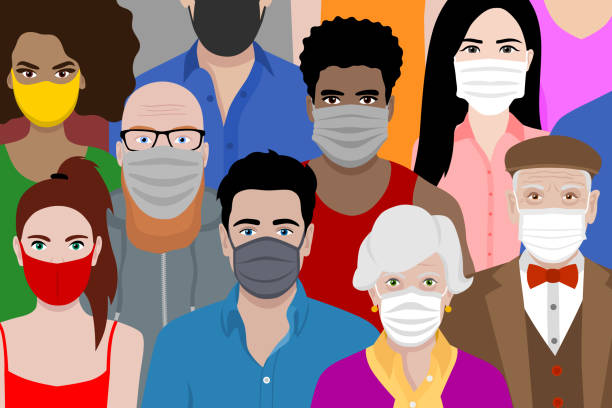istock Beautiful background with multicultural cartoon people wearing face masks. Covid 19 safety measures. Protection against coronavirus. 1252348757