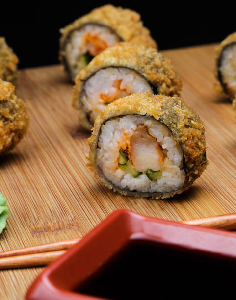 istock Hot fried Sushi Roll with shrimp and caviar. 1252348831