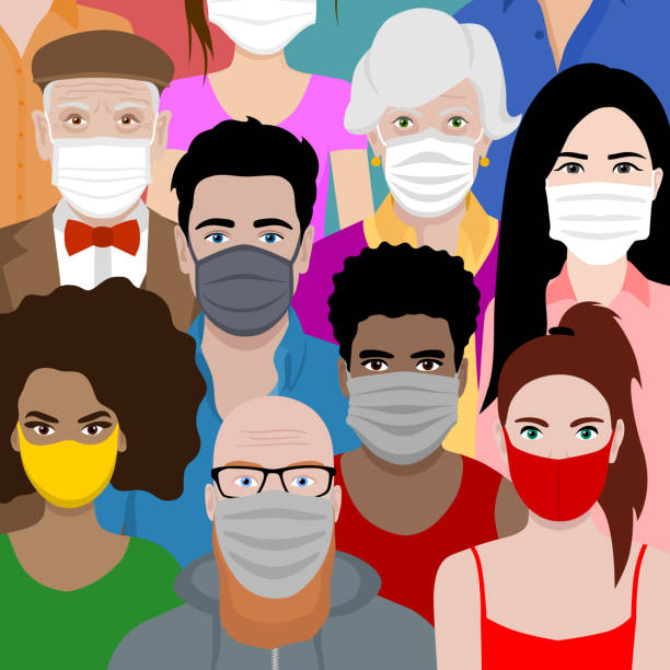 istock Beautiful background with multicultural cartoon people wearing face masks. Covid 19 safety measures. Protection against coronavirus. 1252348841