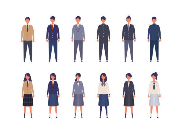 Group of Japanese students from high and middle school. Vector illustration of boys and girls in uniform of different colors. Group of Japanese students from high and middle school. Vector illustration of boys and girls in uniform of different colors. Isolated graphics. junior high stock illustrations