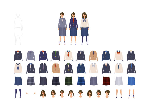 Group of Japanese schoolgirl uniform from high and middle school. Vector illustration of girls in uniform of different colors. Group of Japanese schoolgirl uniform from high and middle school. Vector illustration of girls in uniform of different colors. Isolated graphics. schoolgirl uniform stock illustrations