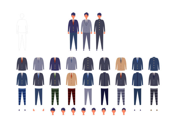 Group of Japanese schoolboy uniform from high and middle school. Vector illustration of boys in uniform of different colors. Group of Japanese schoolboy uniform from high and middle school. Vector illustration of boys in uniform of different colors. Isolated graphics. diverse group of middle school kids stock illustrations