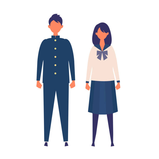 A couple of vector students from high and middle school. Vector illustration of boy and girl in uniform of same color. A couple of vector students from high and middle school. Vector illustration of boy and girl in uniform of same color. Isolated graphics. schoolgirl uniform stock illustrations