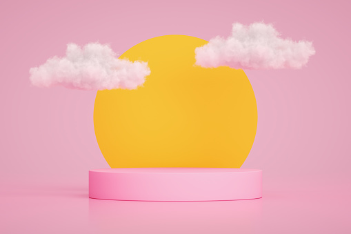 3D rendering of Empty Product Stand, Platform, Podium with Cloud and Sun for the presentations. Minimal design.