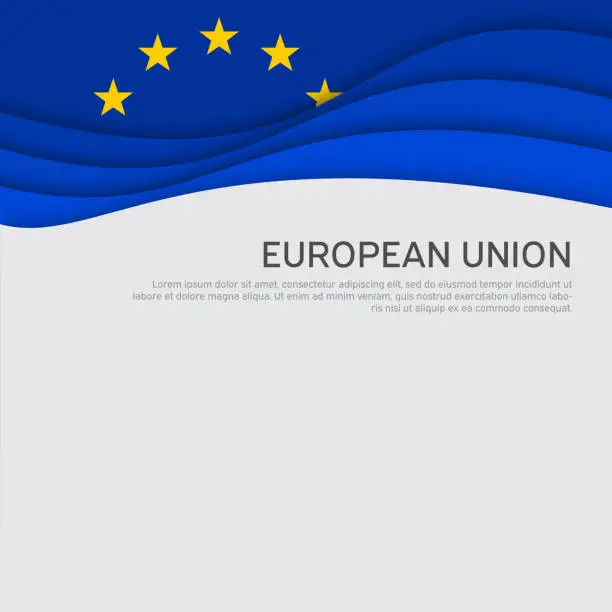 Vector illustration of Cover, banner in the colors of the European Union. Background - wavy flag of the European Union. Cover design, business booklet, flyer, poster. Paper cut style. Vector illustration