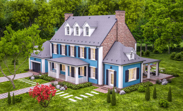 istock 3d rendering of modern classic house in colonial style in evening 1252362391