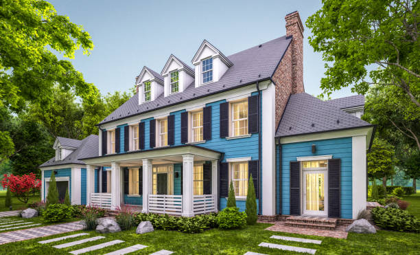 istock 3d rendering of modern classic house in colonial style in evening 1252362395