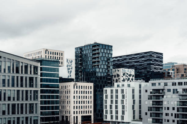 Oslo, Norway - August 11, 2019: High-rise buildings in Barcode Project area. A redevelopment on former dock and industrial land in central Oslo.