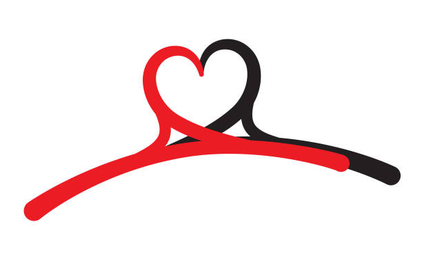 Two hangers in a shape of heart Two hangers faced together with hooks in shape of heart. Concept illustrating love to shopping clothes. Logo, brand identity, symbol of shopping, sale, sewing, atelier, laundry, hotel services clothing hang tags stock illustrations