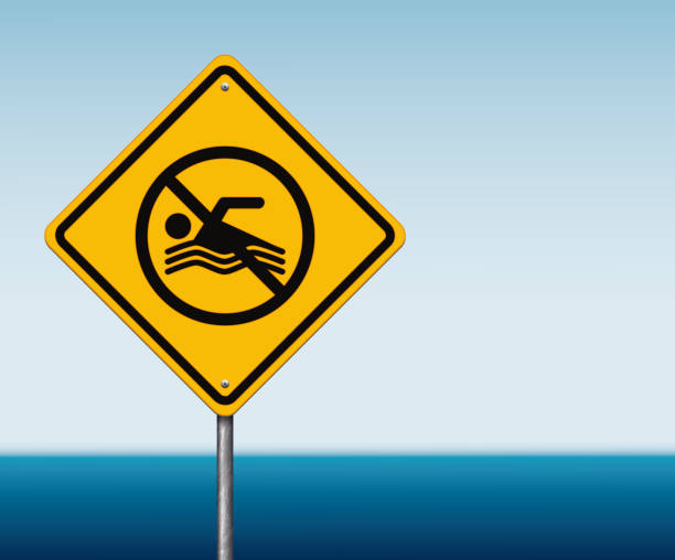 istock Yellow 'do not swim' warning sign with sea 1252366471