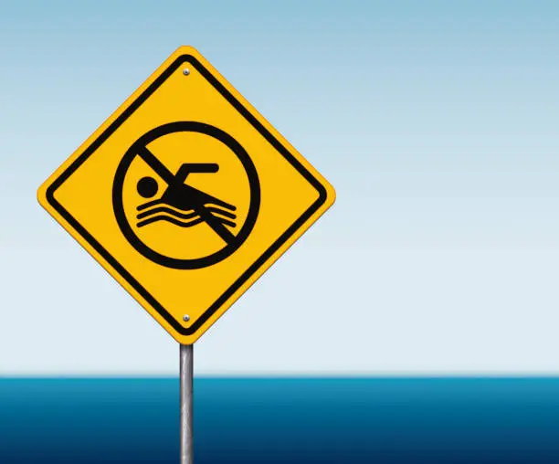Vector illustration of Yellow 'do not swim' warning sign with sea