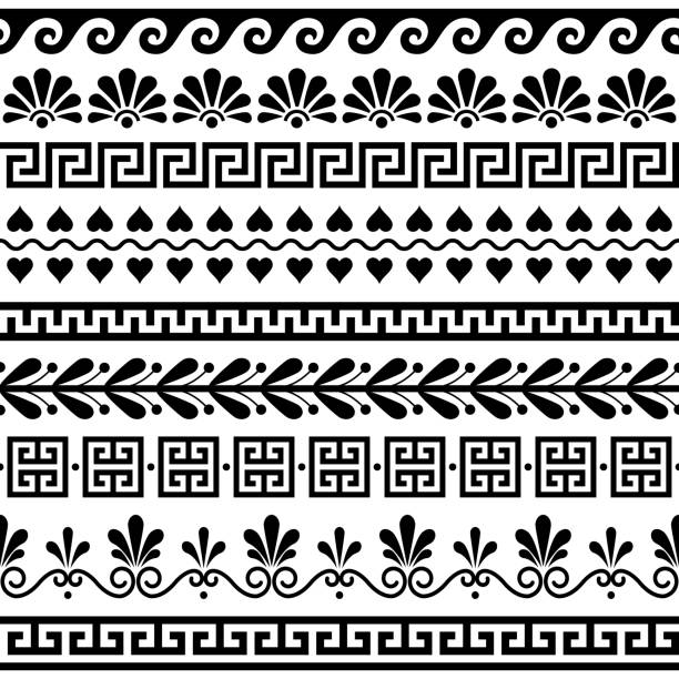 grecki bezszwowy zestaw wektorowy - starożytna kwiatowa i geometryczna ozdoba, wzór klucza w czerni i bieli - key pattern stock illustrations