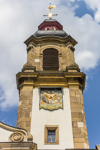 Tower of the Maria church at the market square in Hachenburg, Germany