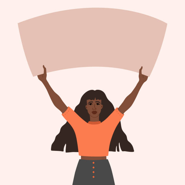 African American protest Human Rights, USA, woman power, template poster African American girl holds a banner in her hands. Vector illustration in flat cartoon style on isolated background. george floyd protests stock illustrations