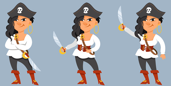 Female pirate in different poses. Character in cartoon style.