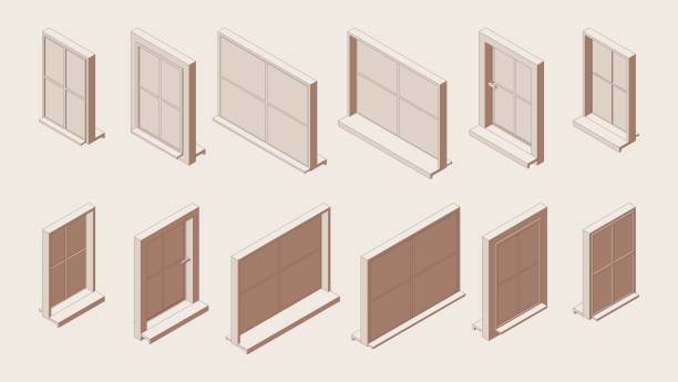 Isometric outline set of closed windows with sill and low tide in various foreshortening views Isometric outline set of closed windows with sill and low tide in various foreshortening views zills stock illustrations