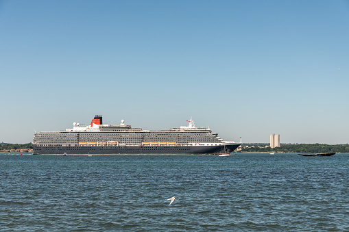Hythe, UK. Wednesday 35 June 2020. The cruise liner MS Queen Victoria in Southampton Docks in Hampshire.