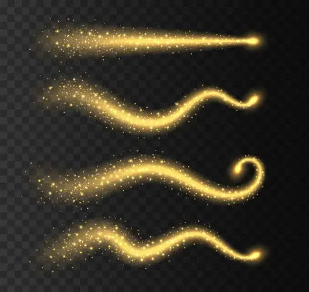 Vector illustration of Golden stardust trails collection isolated on transparent background. Magic swirls with sparkles, yellow shiny stars.