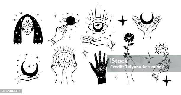 Set Of Black Magic Stickers Boho Design Elements Tattoo Alchemical Symbols  Esotericism And Witchcraft Linear Vector Illustration Isolated On White  Background Stock Illustration - Download Image Now - iStock