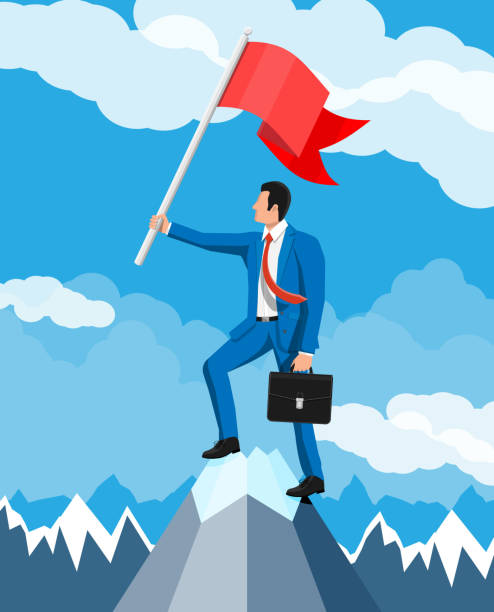 istock Businessman standing on top of mountain with flag. 1252383559