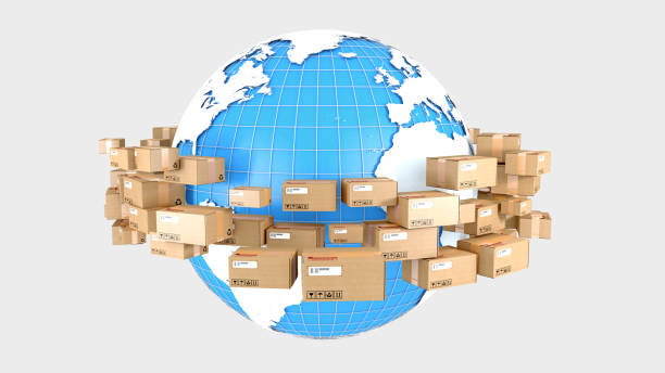 istock Goods in cardboard boxes cycling around the world - 3d illustration 1252384959