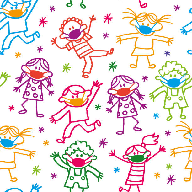 Happy Cartoon Doodle Kids With Facial Masks Vector Illustration Seamless Pattern of a Happy Cartoon Party with Doodle Kids With Facial Masks childhood illustrations stock illustrations
