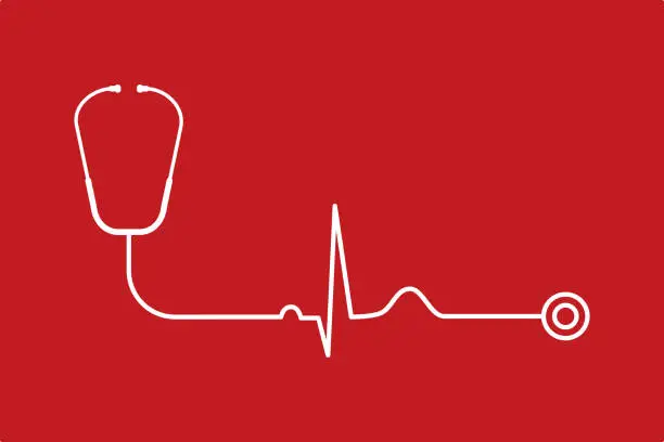 Vector illustration of Stethoscope with pulse line on red background. Heart beat auscultation. Electrocardiogram.