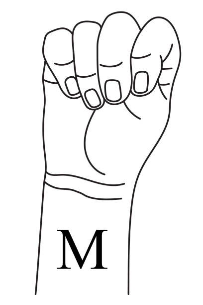ilustraciones, imágenes clip art, dibujos animados e iconos de stock de gesto de la mano que muestra la letra m en el lenguaje de señas americano. - letter m sign language american sign language deaf