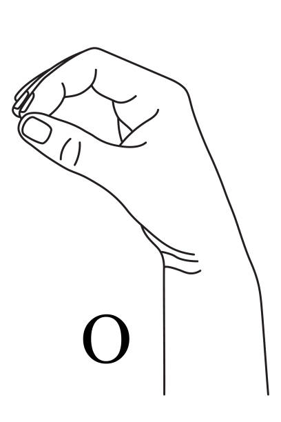 ilustrações de stock, clip art, desenhos animados e ícones de hand gesture showing letter o on american sign language. - sign language american sign language text human hand