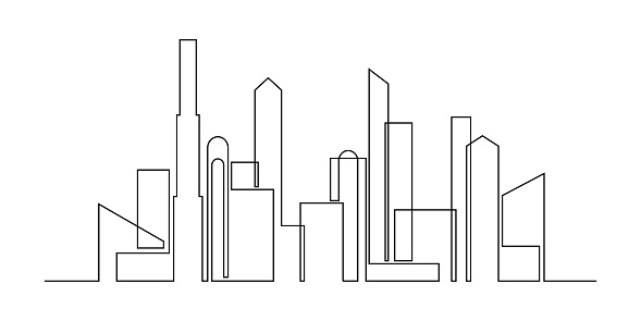 Abstract drawing of urban skyline in continuous line art drawing style. Modern cityscape black linear design isolated on white background. Vector illustration