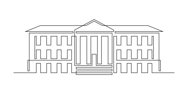 Classical building with columns in continuous line art drawing style. Typical architecture for government, court, university or museum accommodation. Black linear design isolated on white background