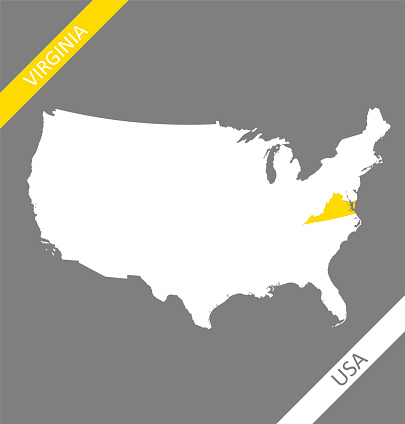 Highly detailed map of United States of America with highlighted state of Virginia for web banner, mobile app, and educational use. The map is accurately prepared by a map expert.